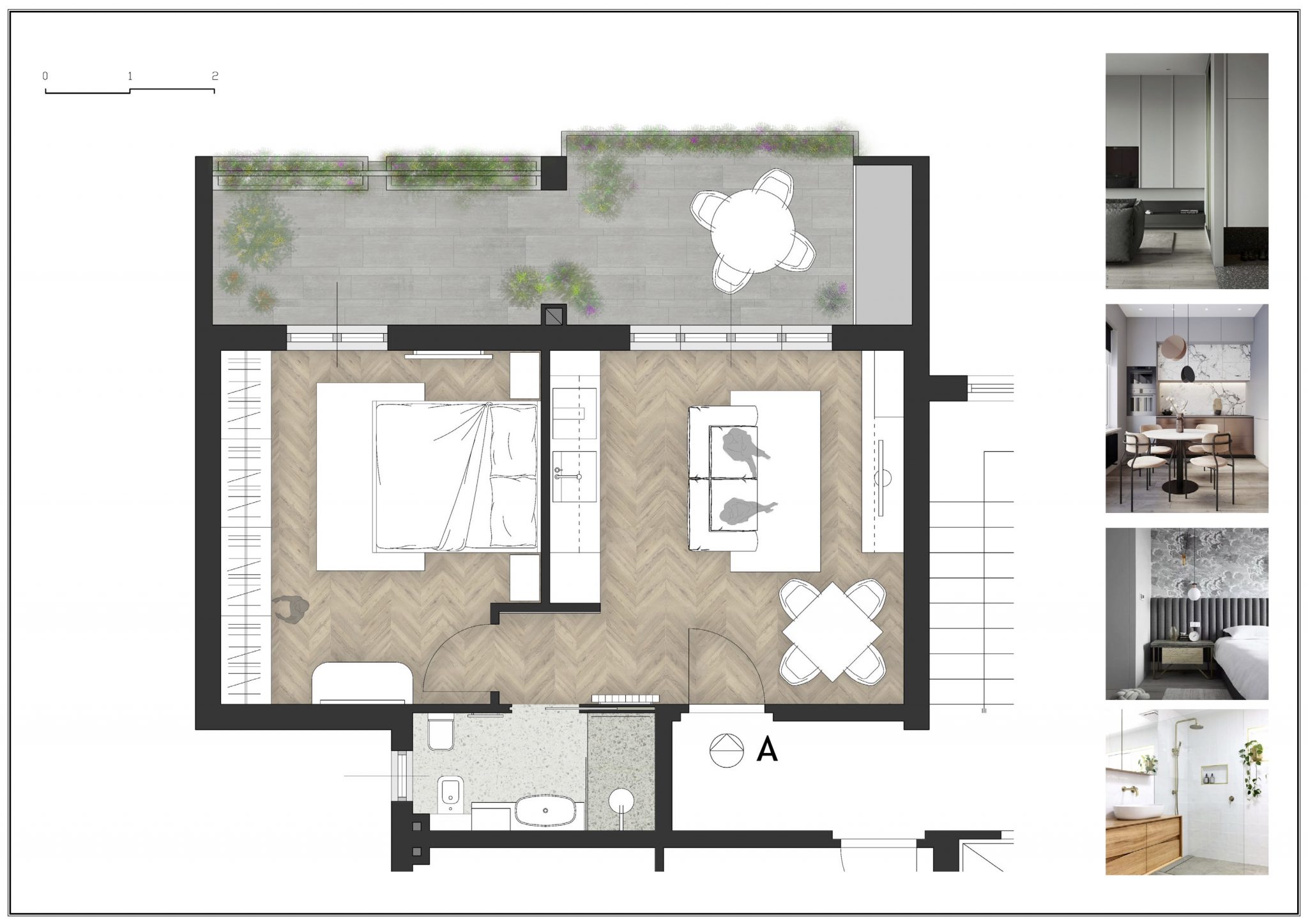 Grundriss und Darstellung einer 59 qm Wohnung mit Terrasse, die über den gesamten Wohnbereich zugänglich ist. Großzügig geschnittenes Schlafzimmer, welches man über den Wohn-Essbereich begeht. Im Wohn-Essbereich befindet sich eine offene Küchenzeile.