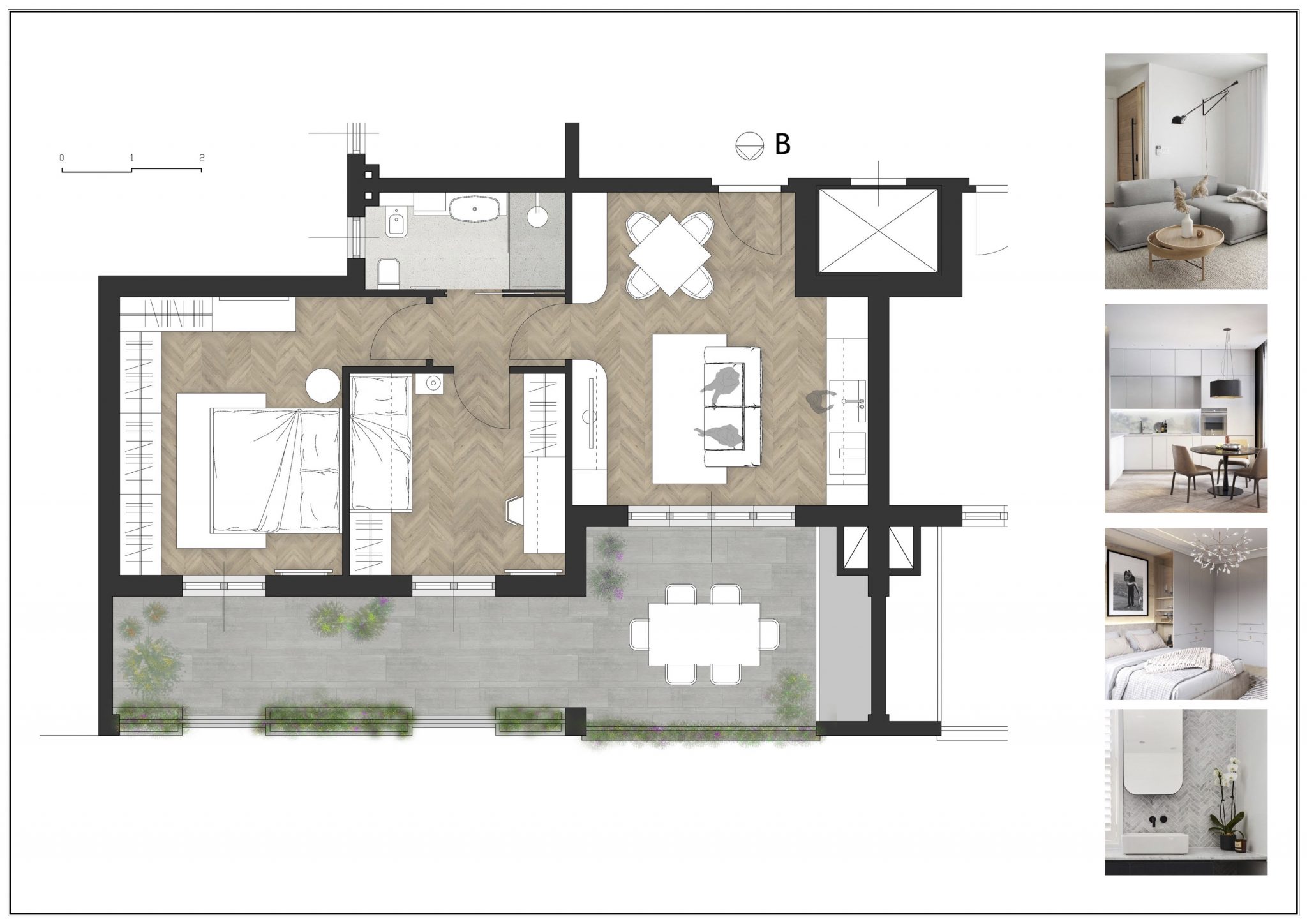 Grundriss und Darstellung einer 75 qm Wohnung mit Terrasse, die über den gesamten Wohnbereich zugänglich ist. Schönes Tageslichtbad mit Dusche, Waschbecken, WC und Bidet.