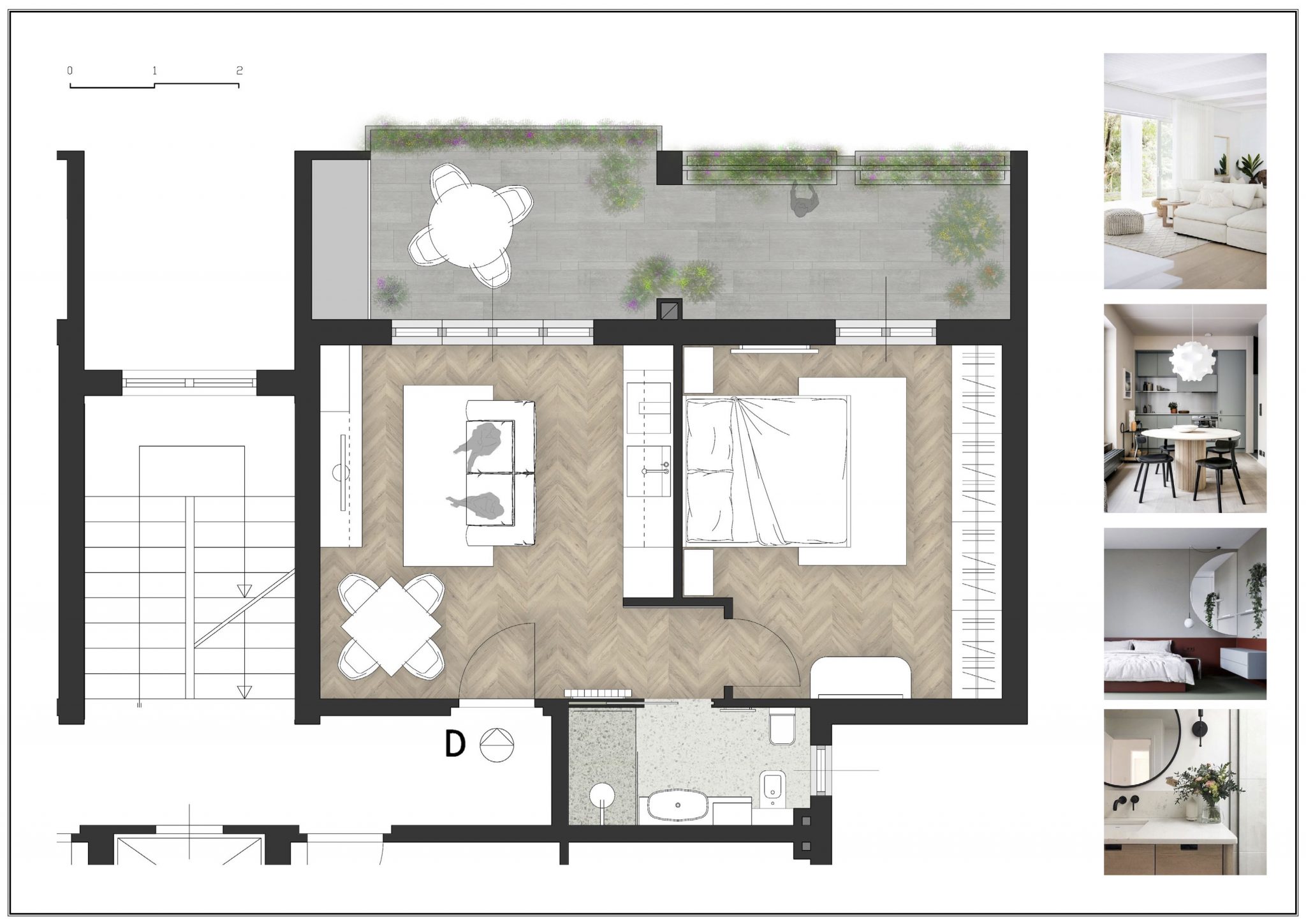 Grundriss und Darstellung einer 59qm Wohnung mit Terrasse, die über den gesamten Wohnbereich zugänglich ist.